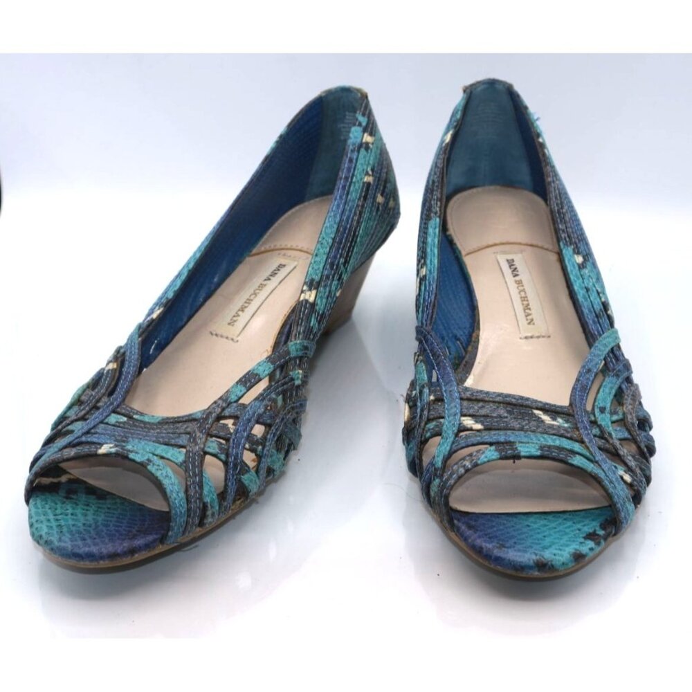 Dana Buchman Blue & Black Peep Toe Wedge Shoes Size 7.5 Faux Snakeskin Pattern